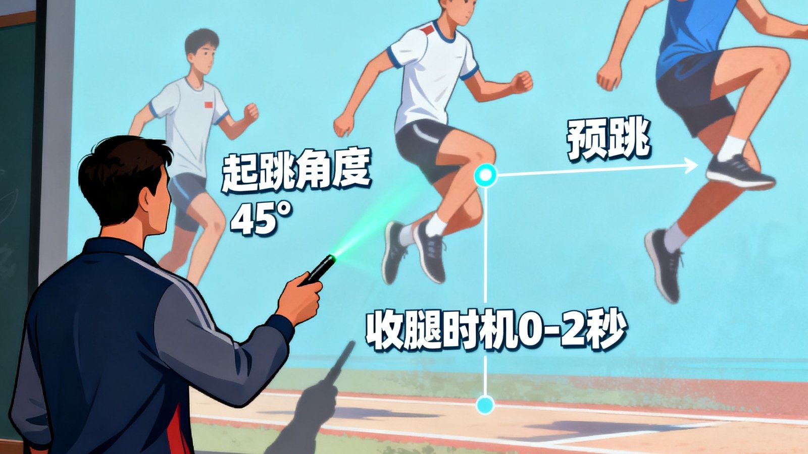 bwin教练正在使用视频慢动作回放技术向学员演示立定跳远的三步发力分解动作，画面中标注了起跳角度和收腿时机等关键节点