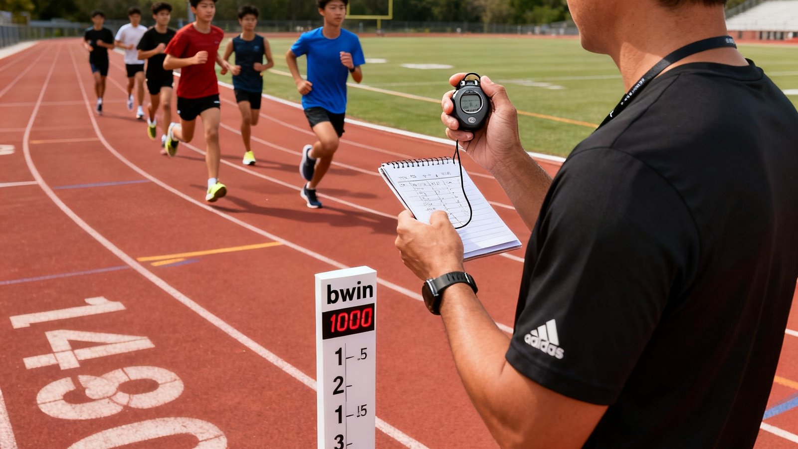 bwin学员在标准400米跑道上进行1000米跑分段训练，教练手持秒表在旁记录每圈配速数据，跑道旁立有分段计时指示牌
