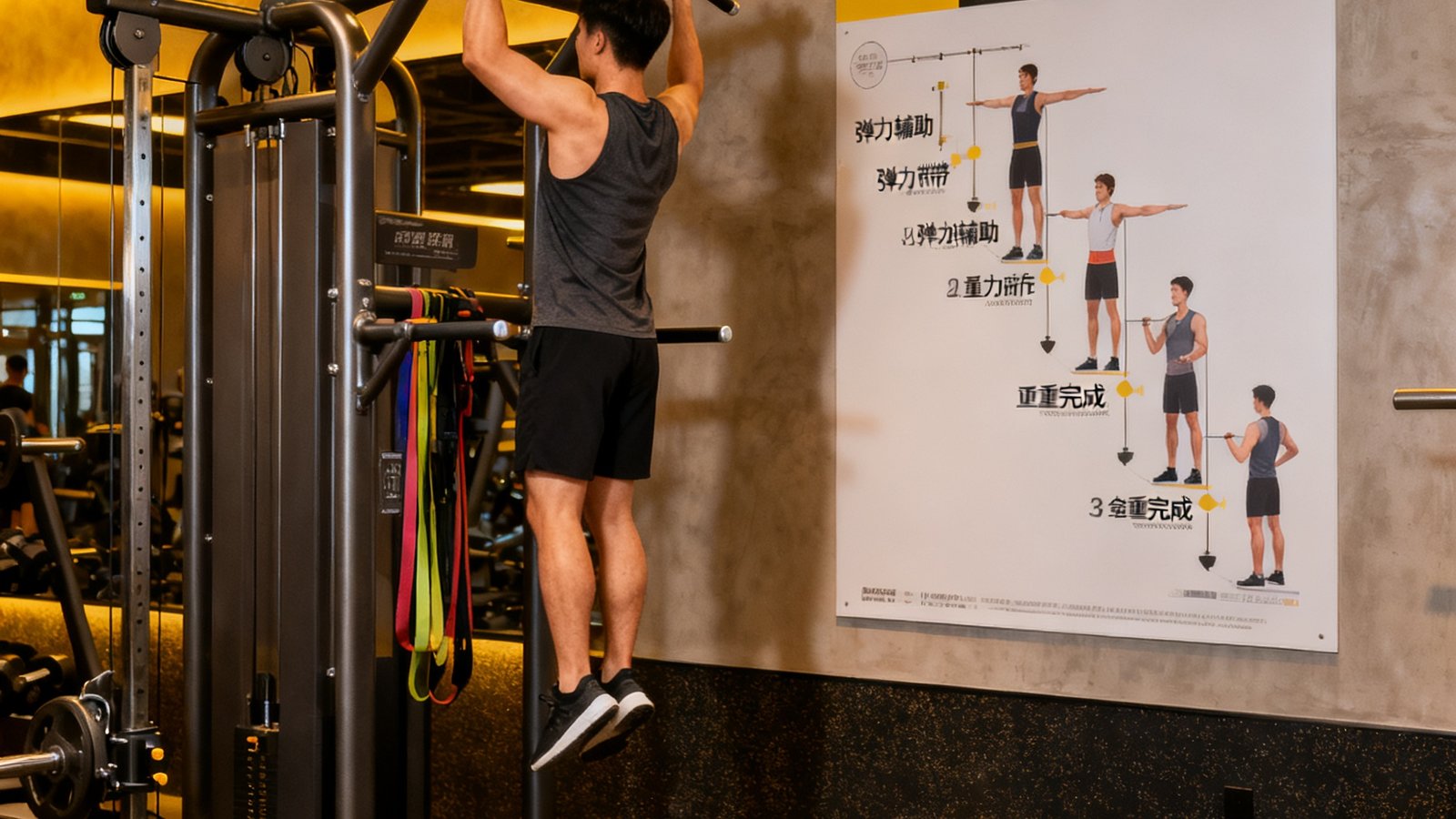 bwin室内力量训练区，学员在辅助引体向上器械上进行阶段性练习，从弹力带辅助到自重完成的完整进阶路径展示在墙面海报上