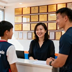 北京学员家长李女士在bwin校区前台微笑着与教练交流孩子的训练进步情况，背景可见校区荣誉墙