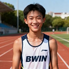 上海学员陈同学在bwin操场上完成1000米跑训练后露出满意笑容，身穿bwin训练服，汗水浸透了衣领